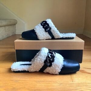 Kelsi Dagger Chunky Chain Faux Shearling Leather Slip-On Mule  Black SZ 9.5